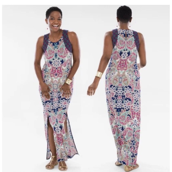 Chico's Maxi Dress 2 L Crown Paisley Slits Artsy Stretchy Slinky - Picture 7 of 7